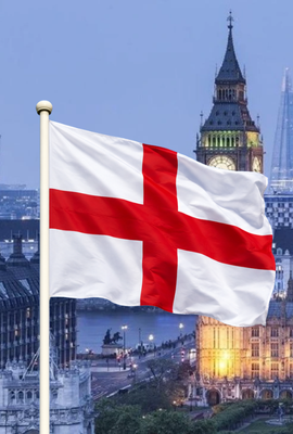 England flag waving in front of London skyline