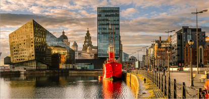 Liverpool waterfront with modern buildings and dockside view