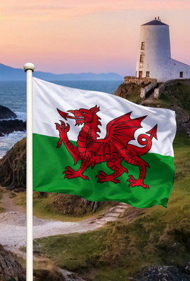 Wales flag waving in front of a coastal landscape