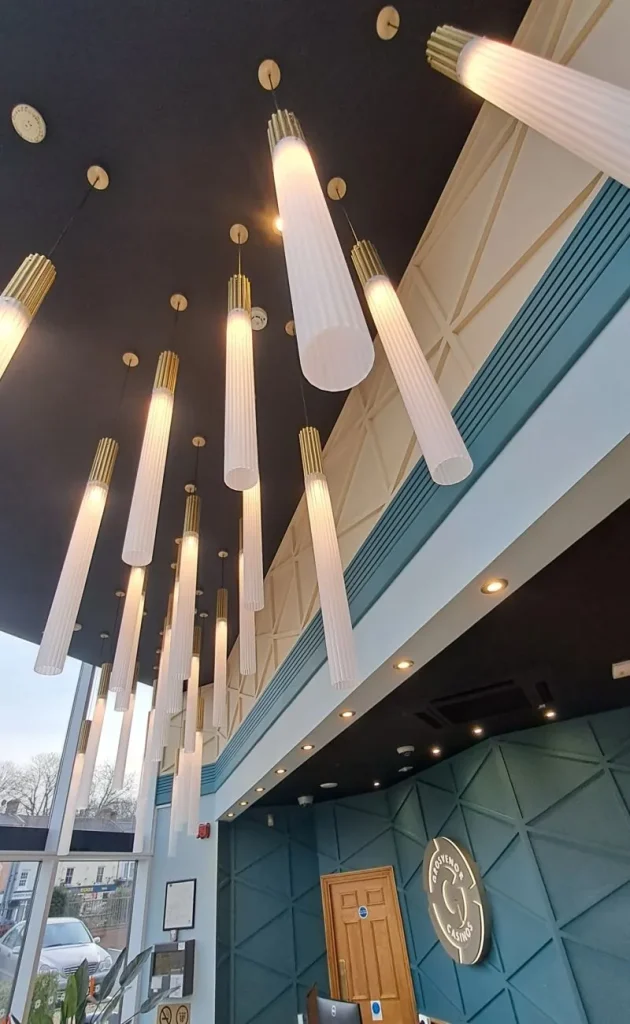Hanging lights above the Grosvenor Casino Northampton lobby